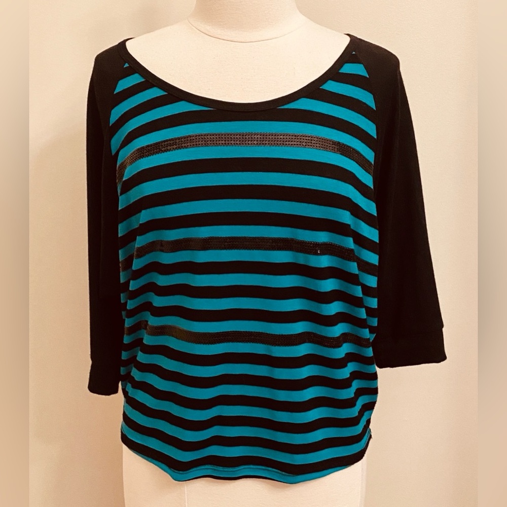 Allen B. By Allen Schwartz Black Teal Striped SZ S Y2K Glam Clubwear Sequin  Top